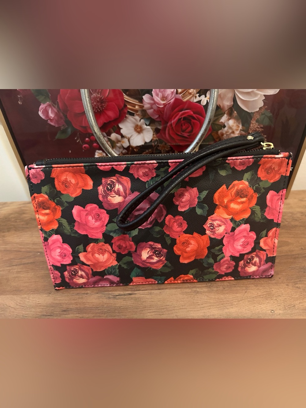Juicy Couture Black Floral Zip Clutch Wristlet with Pink & Red Roses - Picture 3 of 7